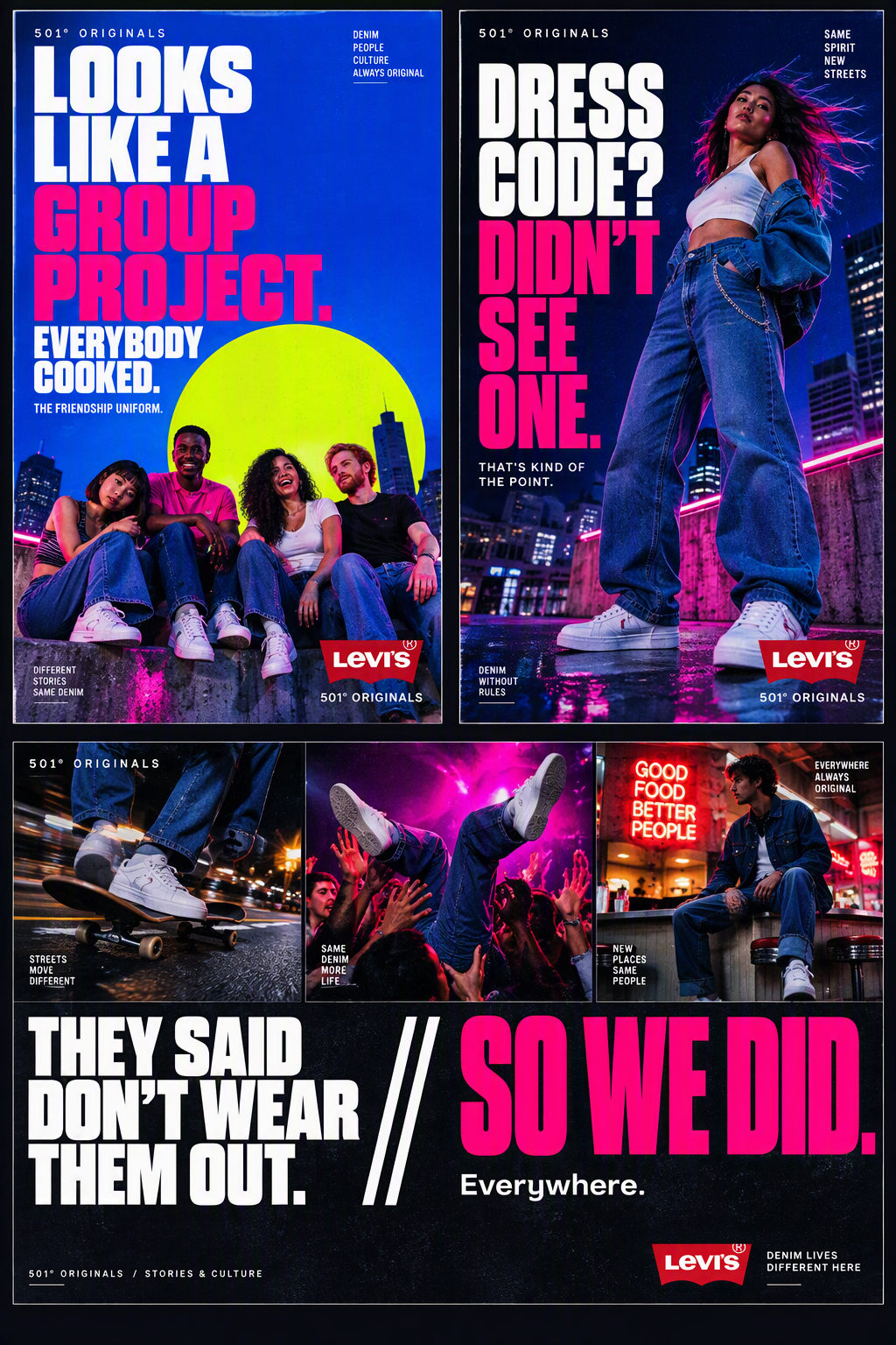 Levi’s 501 Originals board grouping friendship, individual style, and denim campaign executions